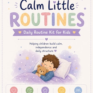 Puede incluir: Ilustración colorida que promueve "Calm Little Routines" para niños. La imagen presenta a un niño durmiendo con un osito de peluche, rodeado de estrellas y una luna creciente. El texto incluye "Daily Routine Kit for Kids" y beneficios como "Visual Routines" y "Calmer Nights."