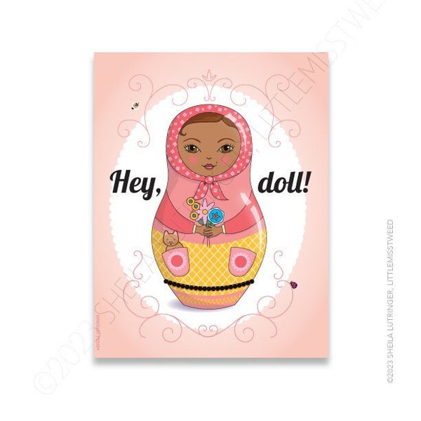 matryoshka greeting card PREMIUM CARD STOCK, free shipping wobble doll artist's greeting card, babushka greeting card, matryoshka brown eyes