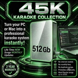 Könnte beinhalten: Eine 512 GB externe Festplatte mit gebürsteter Metalloberfläche, verbunden über ein USB-C-Kabel mit einem Laptop, der Karaoke-Software anzeigt. Die Grafik enthält Text wie 45K KARAOKE COLLECTION, 2 YEAR WARRANTY und diverse Funktionslisten.