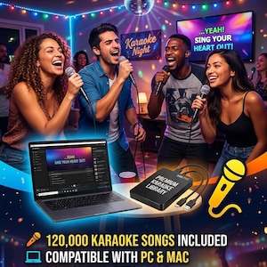 Puede incluir: Imagen promocional de un sistema de karaoke. La imagen muestra un portátil, un disco duro y personas cantando en micrófonos. El texto incluye "¡Convierte tu PC en un sistema de karaoke profesional!" y detalles como 120.000 canciones y sin cuotas mensuales.