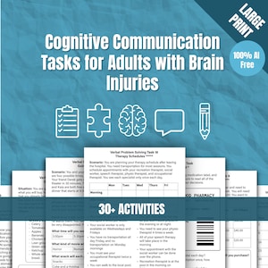 May include: A collection of cognitive communication task worksheets for adults with brain injuries, featuring large print text, 30+ activities, and icons of a clipboard, puzzle piece, brain, speech bubble, and pencil on a blue background.