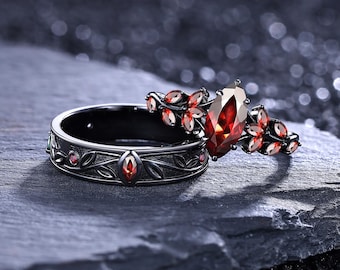 Gothic Marquise Garnet Wedding Ring Set Black Gold Leaf  Engagement Ring Unique Promise Ring Vintage Gift For Men And Women