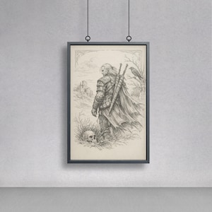 Puede incluir: Obra de arte en blanco y negro enmarcada que representa a un guerrero con pelo largo, una capa y espadas en la espalda, de pie cerca de una calavera. Un pájaro se posa en un árbol en el fondo, con un castillo a lo lejos. La obra está en un marco negro.