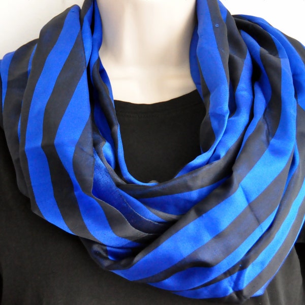 Navy Blue and Black Striped Silk Infinity Scarf