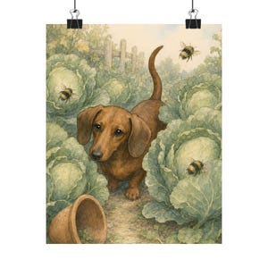 Dachshund Watercolor Storybook Print, Hides Among the Cabbage Patch Bees, Whimsical Dog Wall Art, Doxie Lover Gift, Nursery Wall Decor