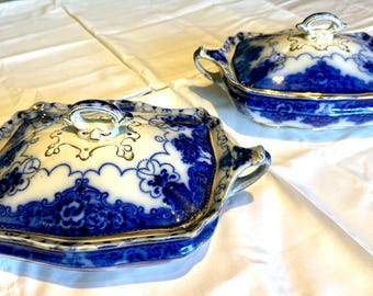 Lonsdale Flow Niebieskie Pokrywki Naczyń do Warzyw Antyczne - Samuel Ford Lincoln Pottery