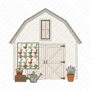 May include: A white barn illustration with a gray roof, a small window, and double doors. A quilt with duck designs hangs on the side. A watering can, potted flowers, and lavender in a terracotta pot complete the scene.