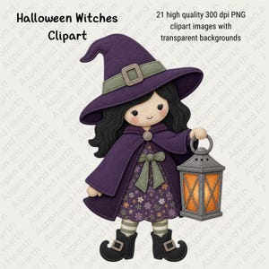 May include: A digital illustration of a witch character wearing a purple pointed hat with a green band, a purple cape, and a floral dress. The character has black hair, striped stockings, and black boots, and holds a grey lantern with an orange glow.