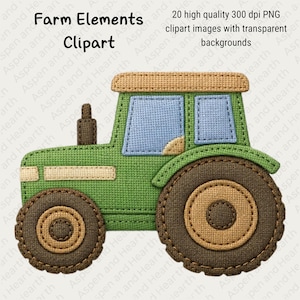 May include: A green tractor illustration with brown wheels, a tan roof, and blue windows. The image includes the text "Farm Elements Clipart" and "20 high quality 300 dpi PNG clipart images with transparent backgrounds."