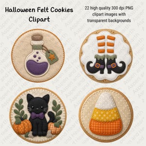 Op de afbeelding: Een digitale collectie Halloween viltkoekjes clipart met vier ronde ontwerpen: een paarse toverdrankfles, gestreepte heksenbenen met zwarte laarzen, een zwarte kat met pompoenen en een stukje candy corn, allemaal met zichtbare stiksels.