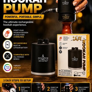 May include: Black hookah pump with the text "HOOKAH PUMP" in gold. The pump is rechargeable, portable, and compatible with all hookah bowls. Features vibrant RGB LED lights. The box says "Perfect gift for hookah lovers".