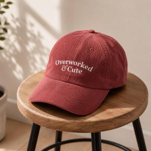 Overworked & Cute Embroidered Hat, Funny Office Girl Cap, Corporate Girlie Gift, Cute Corduroy Baseball Cap