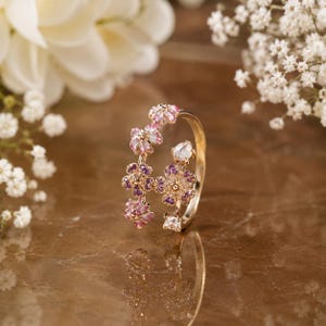 Rose Gold Peach Blossom Ring, S925 Sterling Silver, Pink Enamel Flower, Adjustable Crystal Jewelry