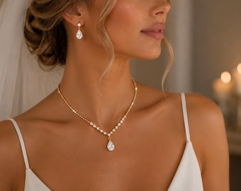 Parure de mariage, collier et boucles d'oreilles de mariée en cristal, pendentif en forme de larme en or blanc