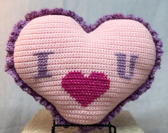 Vintage Handmade Crochet Heart Pillow - I Heart U Ruffled Pastel Pink Valentine Accent Cushion