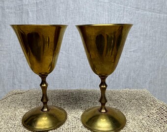 Pair of Vintage Mid Century Solid Brass Wine Goblets