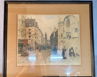 Grabado a color firmado por T. Francois Simon - "Mercado en Brujas" - Grabado original en aguatinta a color de Tavik Frantisek Simon, enmarcado.