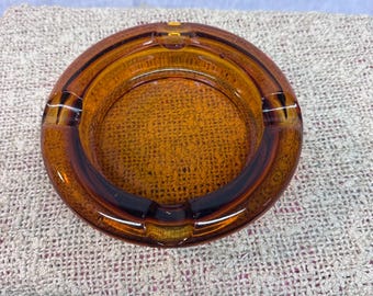 Vintage Mid Century Amber Glass Round Cigar Ashtray