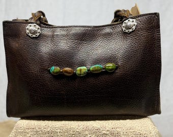 Paige Wallace Vintage Western Leder Einkaufstasche Türkis Steine Sterling Conchos