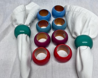 Vintage Colorful Wood Napkin Rings Set of 10 Lacquered Boho Tableware Holders