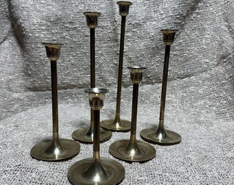 Set of 6 Graduated Brass Candlestick Holders | Stair-Step Taper Holders | Hollywood Regency Mantel Decor