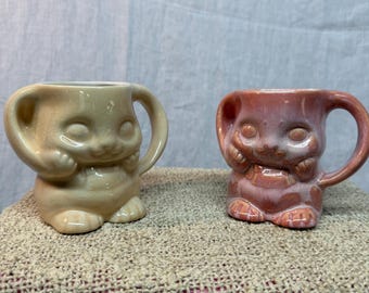 Vintage Bunny Rabbit Mugs Set of 2: 1970s/1980s Hand-Painted Ceramic Cups