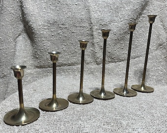Set of 6 Graduated Brass Candlestick Holders | Stair-Step Taper Holders | Hollywood Regency Mantel Decor