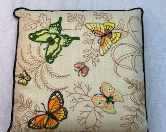 Vintage 1970s Crewel Embroidered Butterfly Pillow - Hand Guided Botanical Fern Throw Cushion