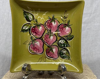 Signed Vintage Sascha Brastoff Green Strawberry Ceramic Plate