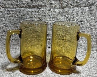 Vintage Amber Glass Beer Mugs, Set of 2, Mid-Century Modern Steins, Retro Barware