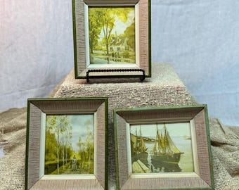 Vintage gerahmte Landschaftskunst Triptychon - Salbeigrüne Aquarell Lithographien