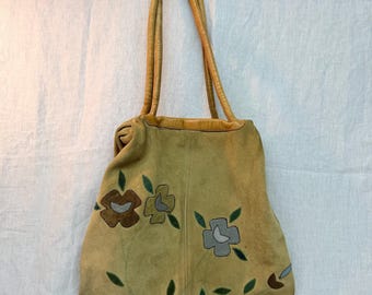 Vintage Spanish Suede Floral Applique Shoulder Bag