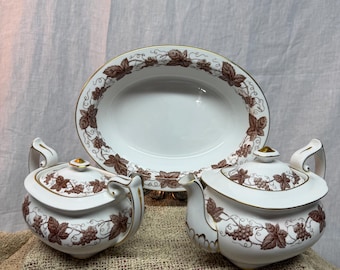 Spode Copeland Brown Grapes Tee-Set - Fine Bone China Teekanne, Zuckerdose, Servierschale