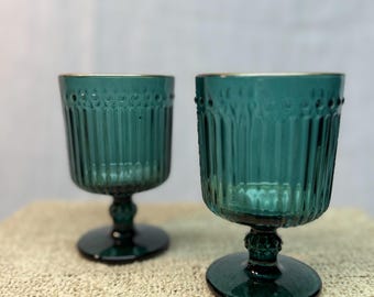 Vintage Mid Century Teal Ribbed Glass Goblet Pair