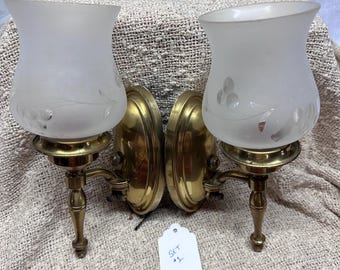 Vintage Polished Brass Single-Arm Wall Sconces - Pair of Electric Traditional Hardwired Fixtures with Etched Frosted Glass Tulip Shades
