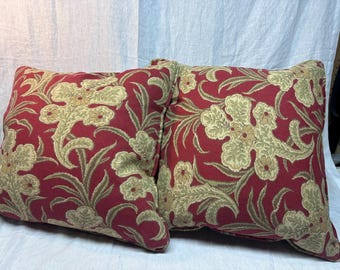 Set of two Tapestry Down Chenille Square Throw Pillows - Red Gold Green Floral Motif
