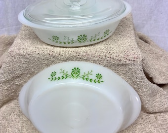 Vintage Glasbake Green Daisy Milk Glass Casserole Set - Covered Dish & Divided Baker