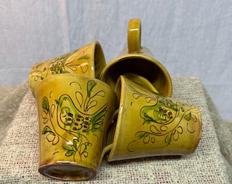 Vintage Vietri Paesano Tassen 4er Set - Handbemalte italienische Majolika Keramik Vogel Tassen
