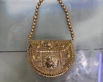 Pochette da sera dorata in stile vintage per donna – Elegante borsetta da sposa/festa realizzata a mano con manico decorato con perline, borsa di lusso etnica per matrimonio.