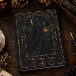 May include: A black hardcover book with gold foil detailing on the cover, featuring an illustration of a cloaked figure holding a lantern under a crescent moon and stars, with the text A New Chapter Begins printed in a decorative gold font.