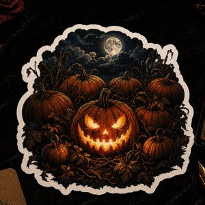 May include: A die-cut sticker featuring a dark, nocturnal pumpkin patch scene under a full moon. A central jack-o'-lantern with a glowing, jagged face is surrounded by several uncarved pumpkins, tangled vines, and dark foliage against a night sky.