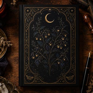 May include: A black hardcover book featuring a gold foil illustration of a crescent moon, stars, and a central leafy plant. The cover is framed by an ornate border with moth motifs at the bottom corners, set against a dark, textured background.