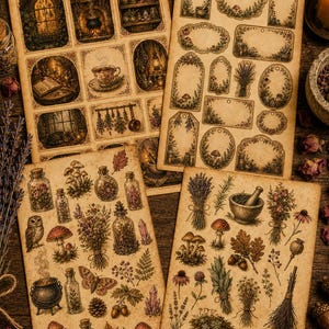 May include: Four rectangular sheets of vintage-style paper featuring intricate illustrations of apothecary jars, mushrooms, dried herbs, cauldrons, owls, and botanical elements. The designs are rendered in sepia tones with detailed line work.
