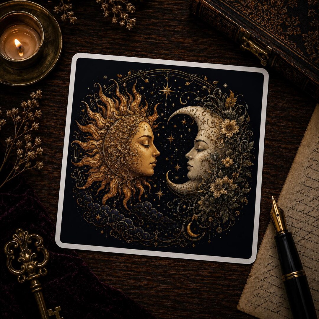 Sun and Moon Sticker | Celestial Faces Vinyl Decal | Gothic Gold Lunar ...