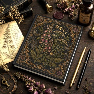 May include: A black journal with a floral and celestial design, featuring gold and pink accents. The cover is adorned with illustrations of flowers, butterflies, and moons. Two pens, one gold and one black, are placed beside the journal.
