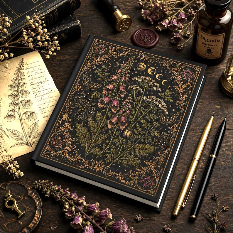 May include: A black journal with a floral and celestial design, featuring gold and pink accents. The cover is adorned with illustrations of flowers, butterflies, and moons. Two pens, one gold and one black, are placed beside the journal.
