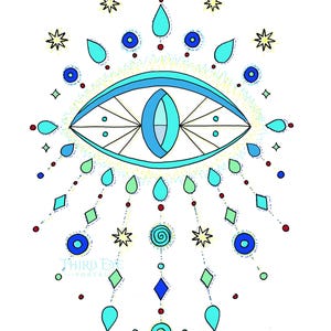 May include: A detailed illustration of an eye with a light blue iris, surrounded by various shapes and dots in shades of blue, green, and red. The design includes teardrops, diamonds, and stars, with the text "THIRD EYE PORTAL" at the bottom.