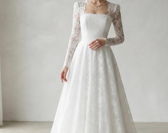 Boho Lace Wedding Dress A-Line Bridal Gown Square Neck Long Sleeve Wedding Dress Custom Rustic Garden Bride Dress