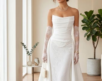 2-in-1 Mermaid Wedding Dress, Satin Lace Bridal Gown, Strapless Corset Wedding Dress, Detachable Overskirt, Custom Bride Dress
