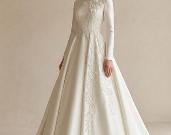 Custom Satin Muslim Wedding Dress A-Line Bridal Gown High Neck Heavy Beaded Elegant Bride Dress 2026